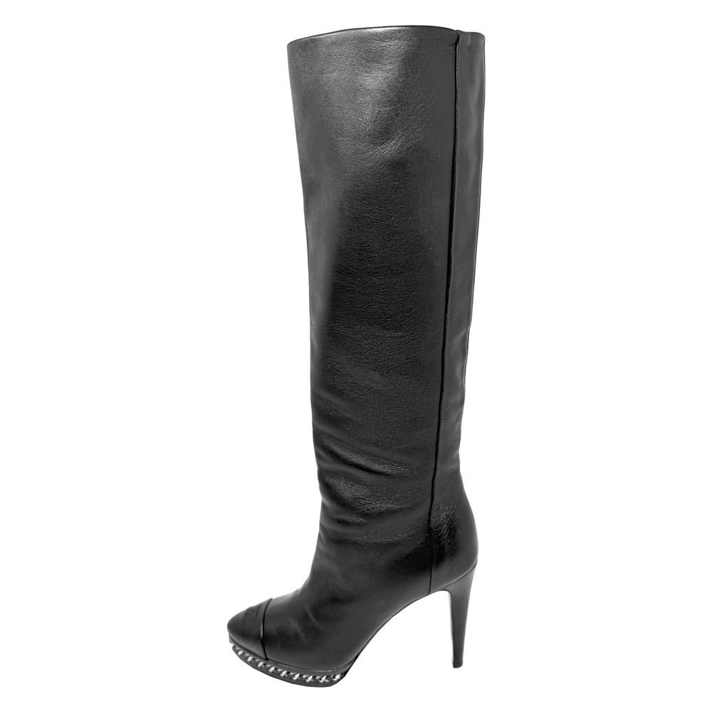 Chanel Black Leather Knee High Platform Boots CC Chain Stiletto 37.5